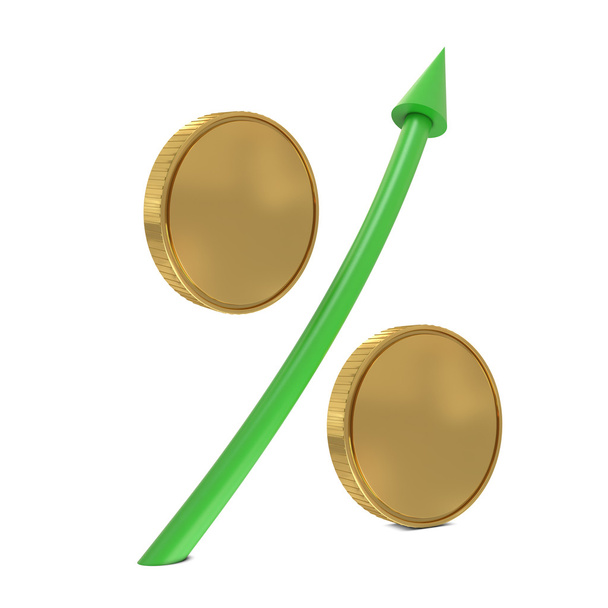 symbol procenta se zlatými mincemi a zelená šipka izolovaných na bílém - Fotografie, Obrázek