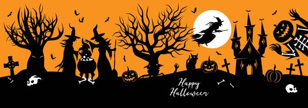 Halloween vector silhouet banner met heksen, ketel, spookkasteel en jack o lantaarn geest. Griezelig landschap met traditionele Halloween elementen, goed voor webbanner, uitnodiging, flyer, uitnodiging - Vector, afbeelding