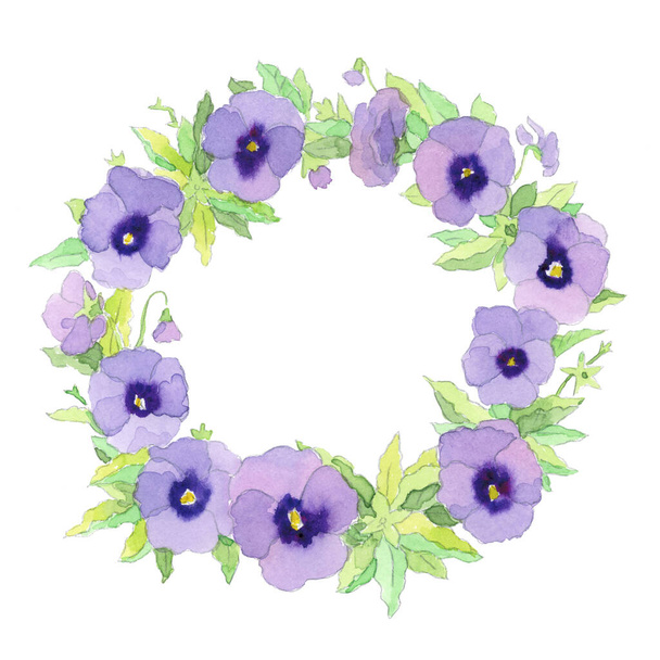 Graceful delicate watercolor purple garden pansy wreath frame - Фото, изображение