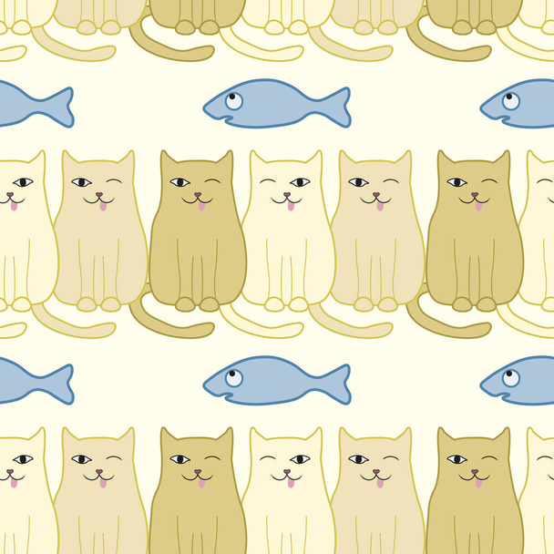 Komik kediler ve balıkların pürüzsüz desenleri. Yumuşak pastel renkler - Fotoğraf, Görsel