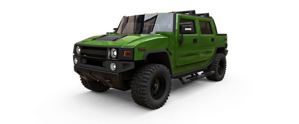 Large green off-road pickup truck for countryside or expeditions on white isolated background. 3d illustration - Photo, Image