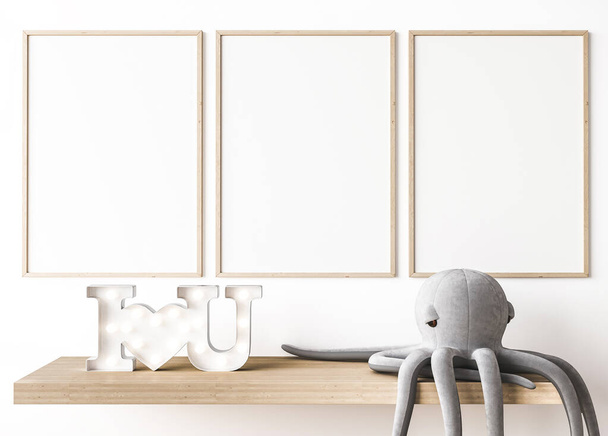 Picture frame mock up in nursery interior, wooden desk on white wall background, 3d render - Photo, Image