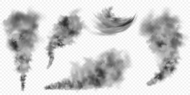 現実的な黒い煙の雲。燃焼オブジェクトから煙のストリーム。透明霧効果。ベクトル設計要素. - ベクター画像