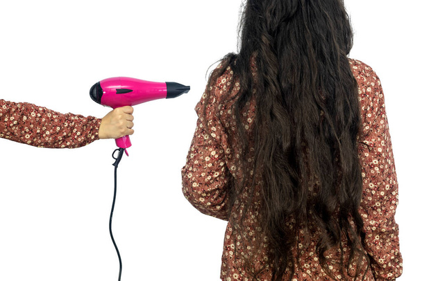 zbliżenie strony trzymając czarno-różowy suszarka do włosów kobiety suche włosy. Małe urządzenia domowe. Sprzęt gospodarstwa domowego. Elektryczny sprzęt gospodarstwa domowego. Profesjonalne narzędzie fryzjerskie - Zdjęcie, obraz
