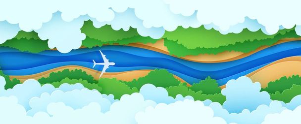 Paysage nuageux vue de dessus dans le style de coupe de papier. Vue aérienne Fond 3d avec avion de ligne rivière forêt et terre. Illustration vectorielle de concept créatif idée environnement conservation et nature. - Vecteur, image