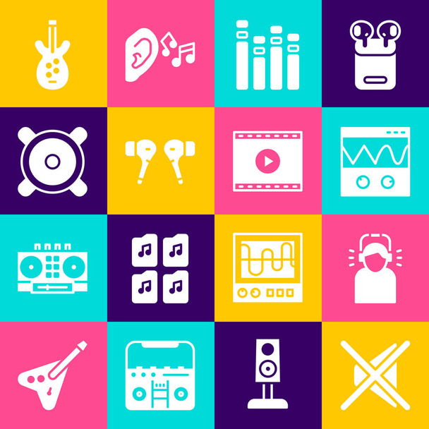 Set Speaker mute, Man in headphones, Oscilloscope, Music equalizer, Air, Stereo speaker, Electric bass guitar and Online play video icon. Vector - ベクター画像