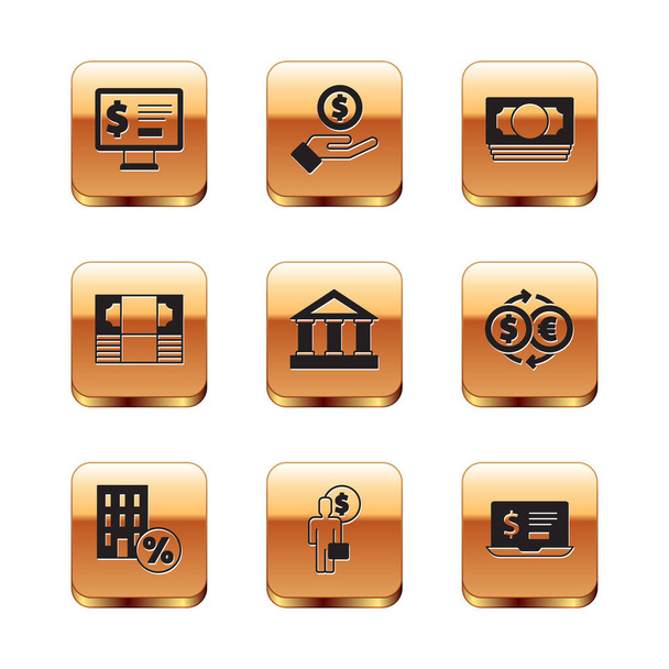Set Monitor with dollar, House percant discount, Business man planning mind, Bank building, Stacks paper money cash, Laptop and Hand giving icon. Vector - Vector, Image