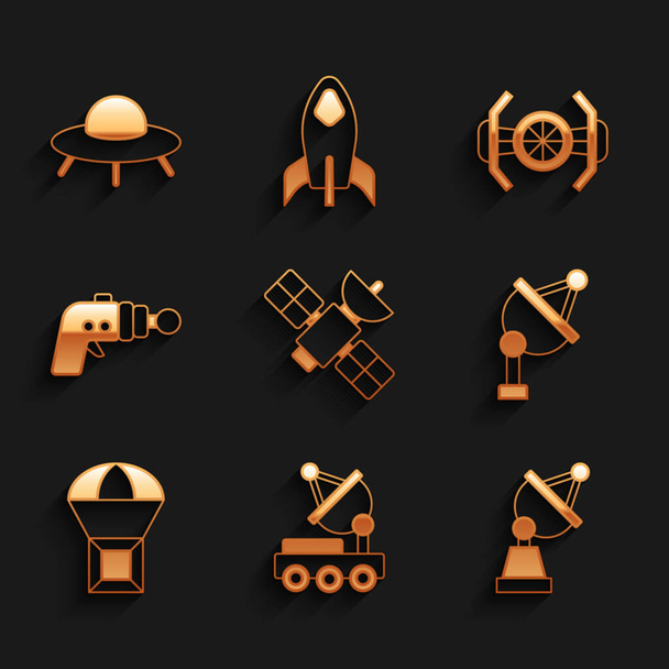 Set Satellite, Mars rover, piatto, Box che vola su paracadute, Ray pistola, nave cosmica e icona dell'astronave UFO. Vettore - Vettoriali, immagini