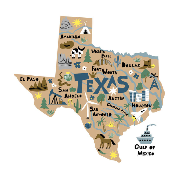 Texas infographie illustration vectorielle plane dessinée à la main. Carte de dessin animé de l'État américain. - Vecteur, image