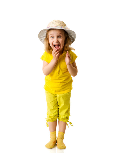 Excited Little Girl shouting clapping hands isolated on white - Zdjęcie, obraz