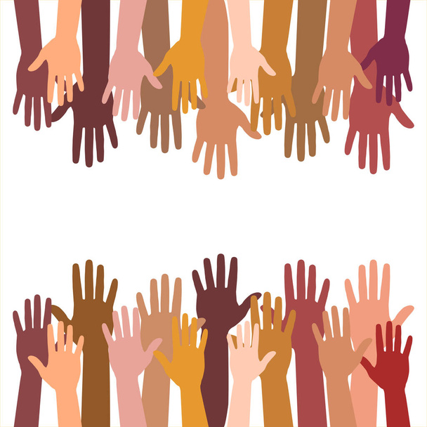 白い背景に孤立した色のボランティア集団の手。人々は手を伸ばし合う。チームワークコラボレーション投票ボランティアコンサート. - 写真・画像