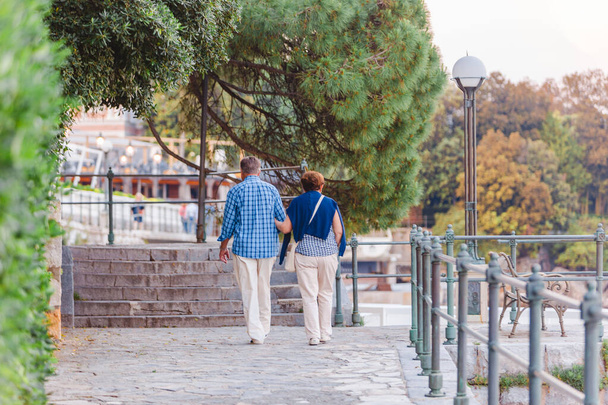 Opatija, Croatia - June 4, 2019: senior couple walking by city quay copy space - Photo, Image