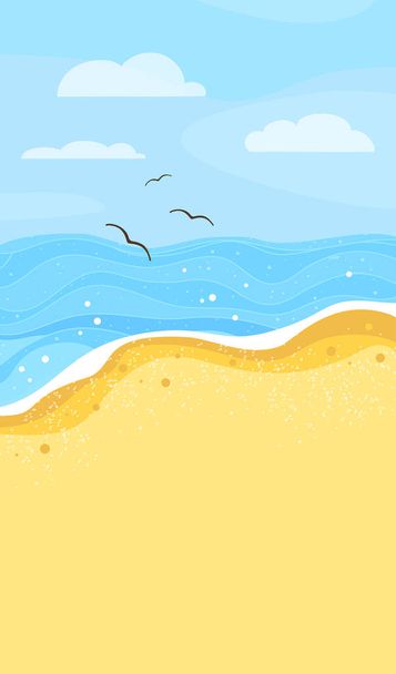 Costa del mar. Olas, arena, cielo y pájaros. Verticalmente. - Vector, imagen