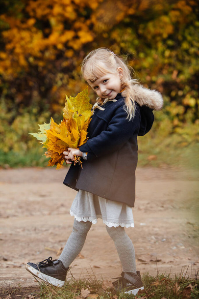 portré aranyos kislányok őszi ruha juharfalevél a kezében - Fotó, kép