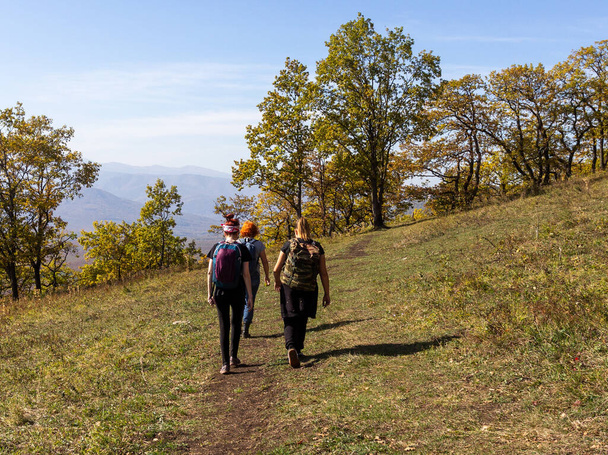 Tourists walk through the natural park on a sunny autumn day. - Foto, imagen