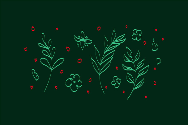 Background with Christmas tree leaves and flowers in a circle of dots. Christmas pattern in the tropics in vector. A poster for Christmas and New Year. - Vector, Image