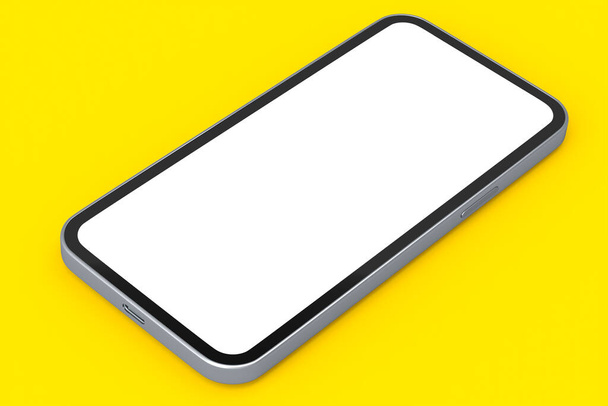 Realistic smartphone with blank white screen isolated on yellow background. 3D rendering of phone template for presentation and tool for compact workspace - Фото, изображение