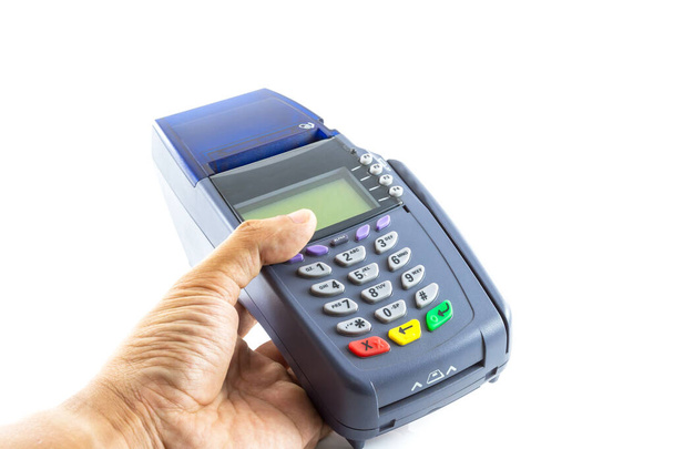Hand hold credit card reader machine isolated on white background - Photo, Image