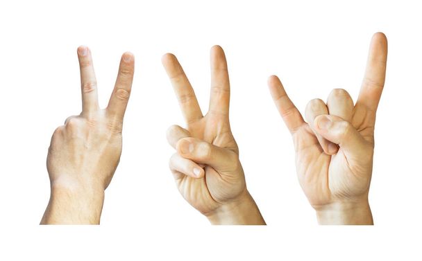 Rocker gesztus kéz. Béke gesztus kéz. Játék gesztus ujjak. Kézmozdulatok elszigetelt fehér háttér. - Fotó, kép
