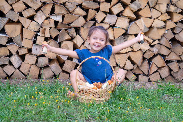 Pieni tyttö sinisessä mekossa nauraa kiihkeästi ja pitää oranssi-cap-boletus-sieniä ojennetuissa käsissään.. - Valokuva, kuva