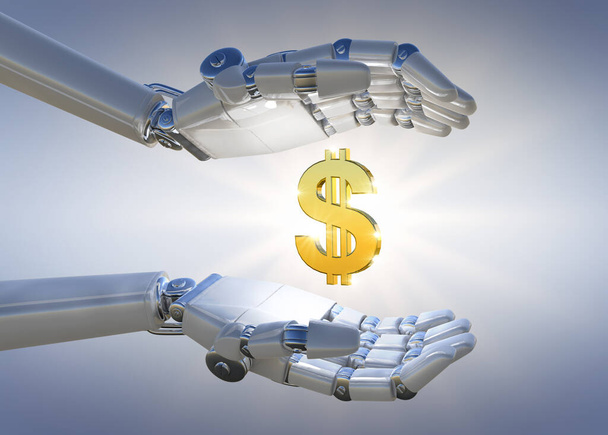 3D rendering robot hand holding golden 3D money signin light overlay background. - Foto, Bild