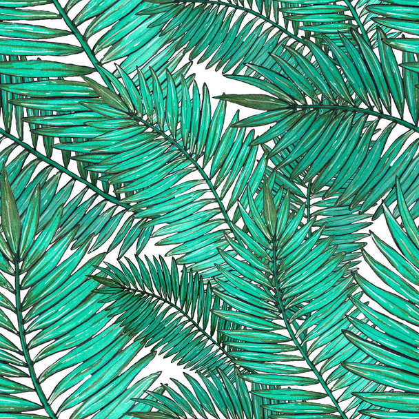 Akvarell zökkenőmentes minta trópusi levelekkel. Gyönyörű allover print kézzel rajzolt egzotikus növények. Fürdőruha botanikai tervezés. - Fotó, kép