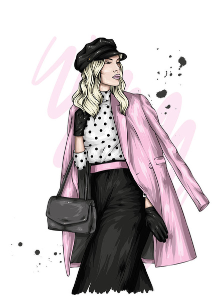 Pretty girl in a clothes and beret. Vector illustration. Fashion and style, clothing and accessories.  - Διάνυσμα, εικόνα