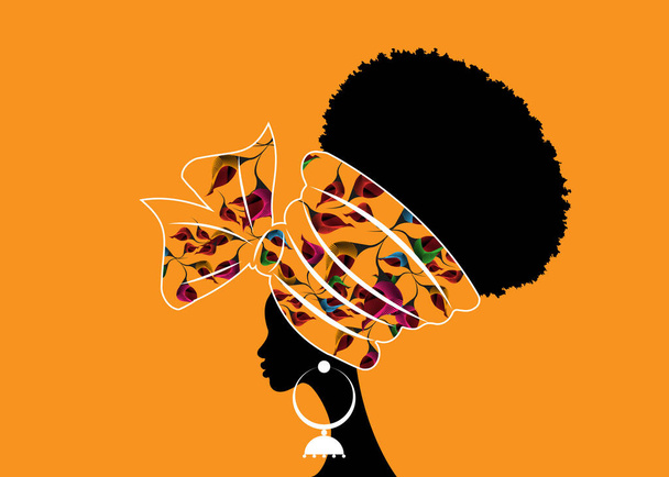 portrait beautiful African woman in traditional turban handmade tribal motif wedding flowers, Kente head wrap African with ethnic earrings, black women Afro curly hair, vector silhouette isolated  - Vetor, Imagem