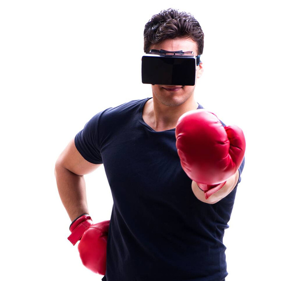 Man playing with virtual reality glasses on white background - Valokuva, kuva