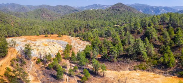 Aerial panorama of abandoned pyrite and gold mine in Paphos forest, Cyprus - Photo, Image