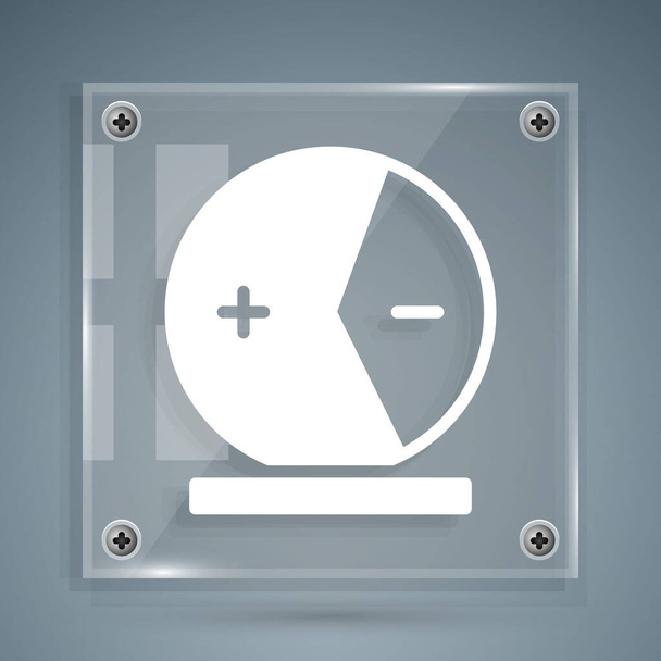 White Atom icon isolated on grey background. Symbol of science, education, nuclear physics, scientific research. Square glass panels. Vector - Vektör, Görsel