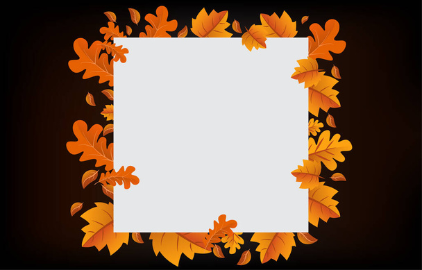 正方形のフレームと黄金の黄色の葉を持つ秋の背景、および割引文字。秋のコンセプト、壁紙、はがき、グリーティングカード、ウェブサイトのページ、バナー、オンライン販売のために。ベクターイラスト - ベクター画像