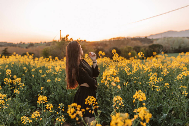 A romantic brunette girl in the field of yellow flowers in sunbeams - Foto, immagini