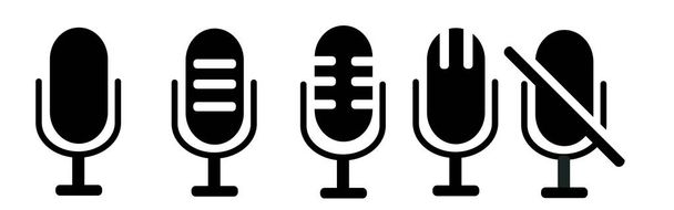 Sammlung von Mikrofonsymbolen. Stummes und nicht stummes Audio-Mikrofon. Web- und mobiles Mikrofonset. Unterschiedliche Mikrofone - Vektor, Bild