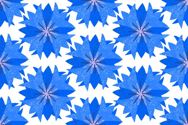 Patrón sin costuras, flores de aciano estilizadas geométricas azules, en un patrón simple sobre un fondo blanco. Adorno brillante. - Vector, Imagen