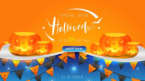Halloween background or banner for holiday party festival. October spooky celebration poster design with flag, pumpkin and logo in modern style. Vector illustration. - Vector, Image