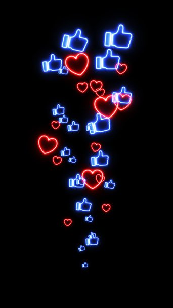 A steady upward stream of neon blue like and red heart symbols. Overlay graphic effect, black background for screen blending. For social media or other digital media. - Photo, Image