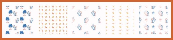 Whimsical style block print shape squirrel pattern set. Seamless lino cut retro all over print collection. Trendy playful baby nursery decor, scandi fashion, decorative lino cut. Vector swatch.  - Vector, Image