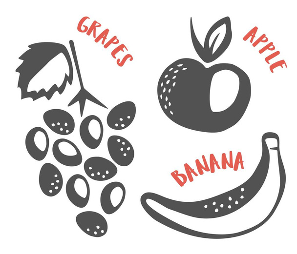 Grapes, apple and banana hand painted with ink brush - Vektor, Bild