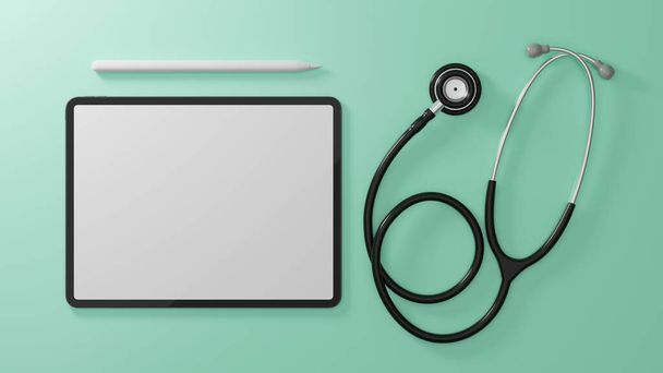 Conceito de informações médicas, tablet tela mockup com estetoscópio em fundo médico verde, flat lay, renderização 3d, ilustração 3d - Foto, Imagem