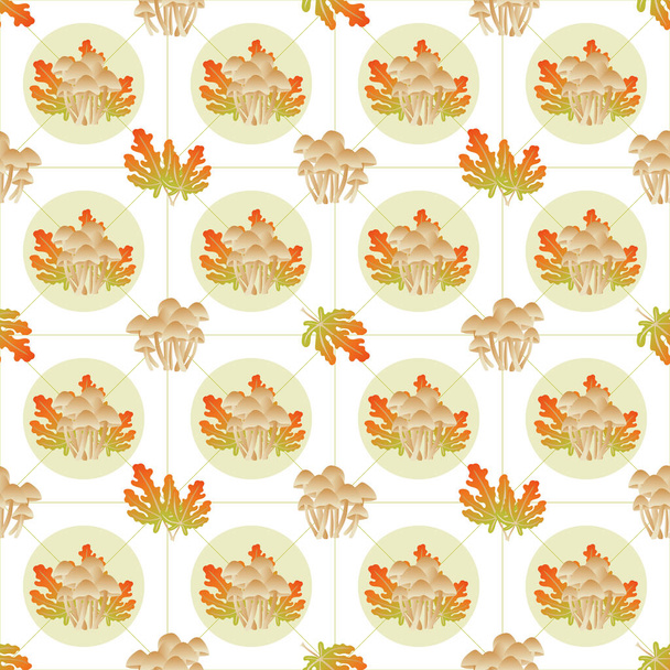 Podzim zanechává vzor hladký. Abstraktní houby a podzimní listy v kruhových tvarech na nekonečném zdobeném pozadí. Sezónní listoví v botanické tapetě. Vektorová ilustrace s květinovou strukturou - Vektor, obrázek