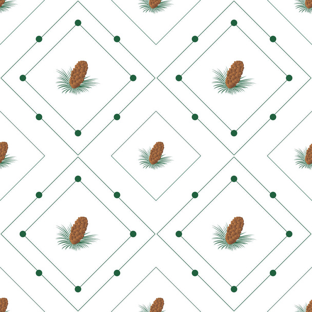 Folhas de outono padrão sem costura. cones de pinheiro e agulhas em azulejos geométricos quadrados em fundo ornamentado sem fim. Floresta sazonal natureza botânica papel de parede. Ilustração vetorial com textura floral - Vetor, Imagem