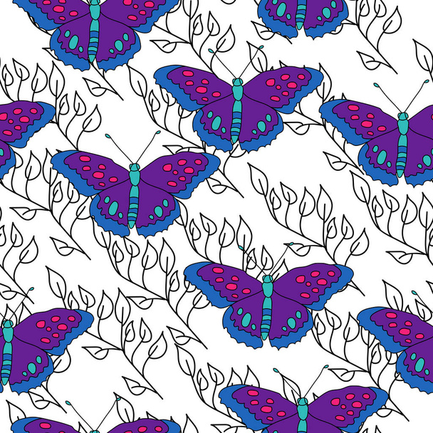 Seamless pattern of bright purple butterflies and gentle contour doodle twigs on a white background vector illustration - Vektori, kuva