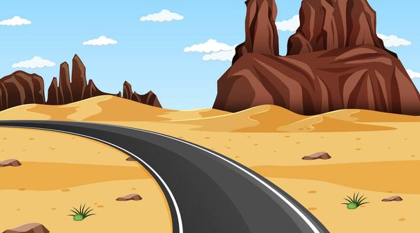 Desert forest landscape at daytime scene with long road illustration - Vector, Image