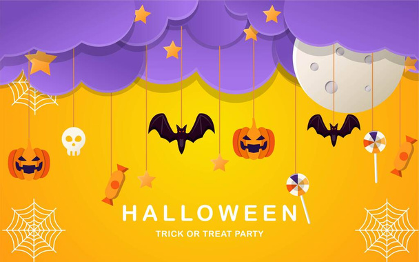 happy halloween with hanging ornament banner. halloween background with hanging ornament skull, pumpkin, spider net, candy, moon, star. vector illustration design - Vector, Image