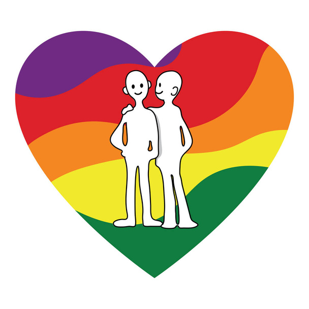 Isolato a forma di cuore con multi colore di LGBTQ con doodle cartone animato di coppia o amici con linea nera e colore bianco. - Foto, immagini