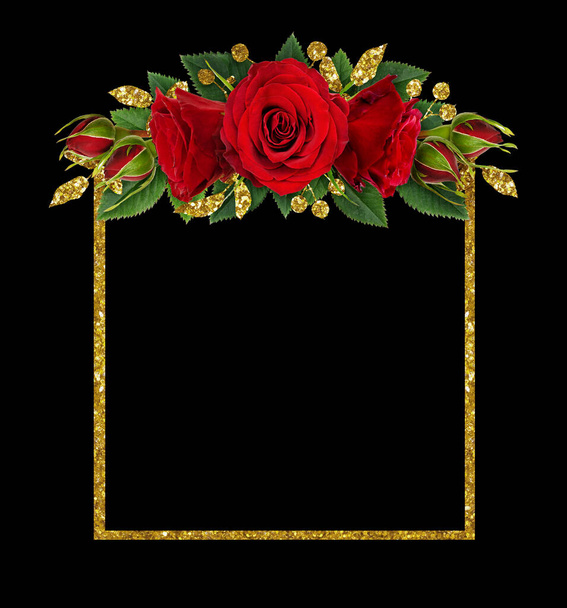 Red rose flowers and glitter decorations with a frame isolated on black background. Flat lay. Top view. - Φωτογραφία, εικόνα