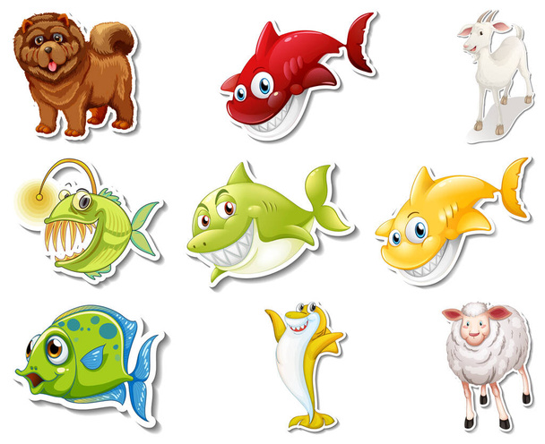 Conjunto de pegatinas con animales de mar y perros ilustración de personajes de dibujos animados - Vector, imagen