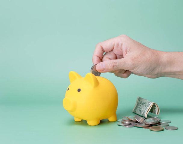 hand geld te besparen in piggy bank - Foto, afbeelding