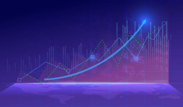 Business Candle Stick Diagramm des Aktienmarkthandels auf blauem Hintergrund. Bullischer Punkt, Aufwärtstrend der Grafik. Ökonomie-Vektordesign. - Vektor, Bild